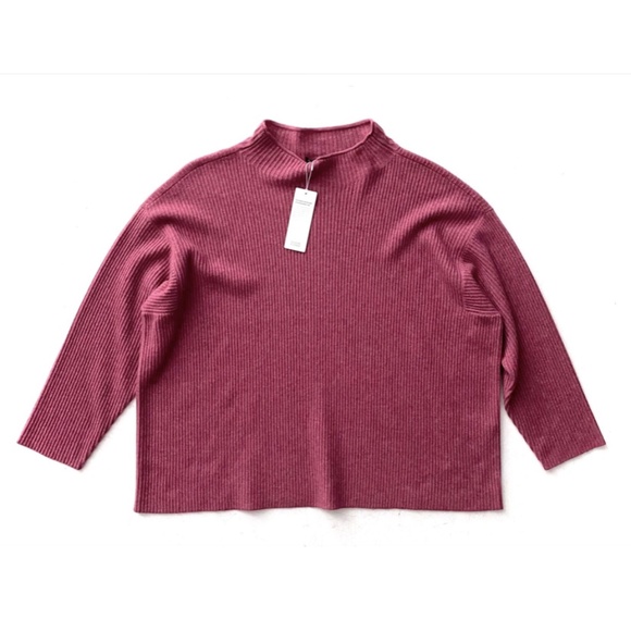Eileen Fisher NWT 100% Cashmere Mock Neck Ribbed Boxy Pullover Sweater